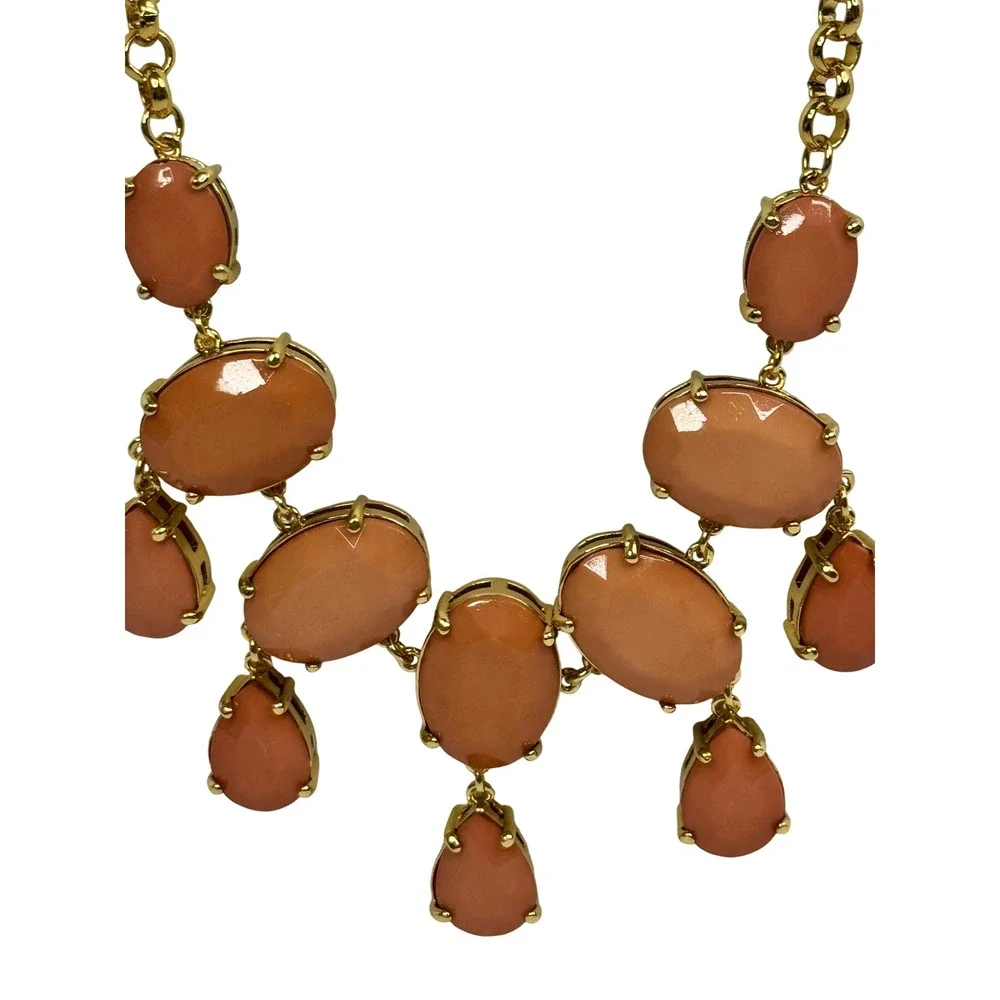 Vintage Peach Resin Oval Teardrop Gold Tone Bib‎ Statement Necklace Y2K Chunky